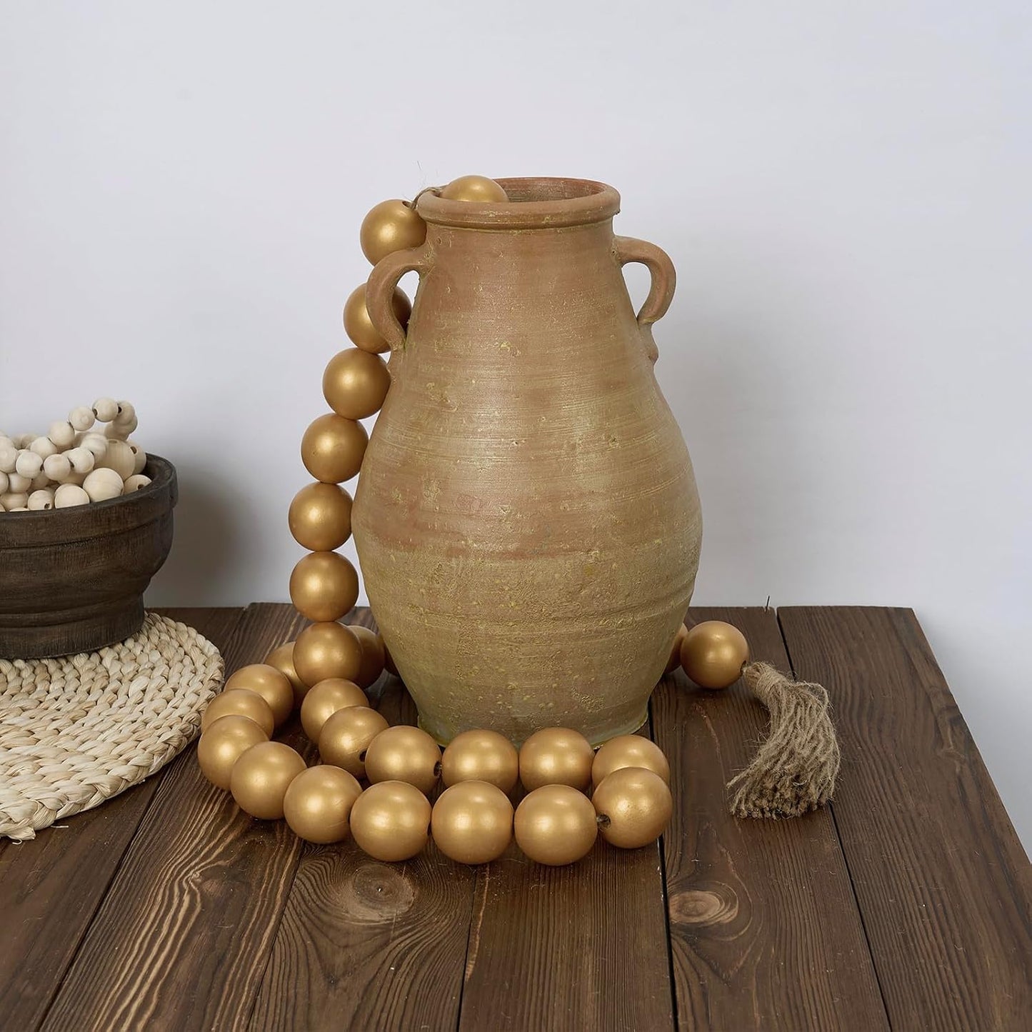 60" Long Extra Large Wood Bead Garland / 8 Gold / 60 Inches