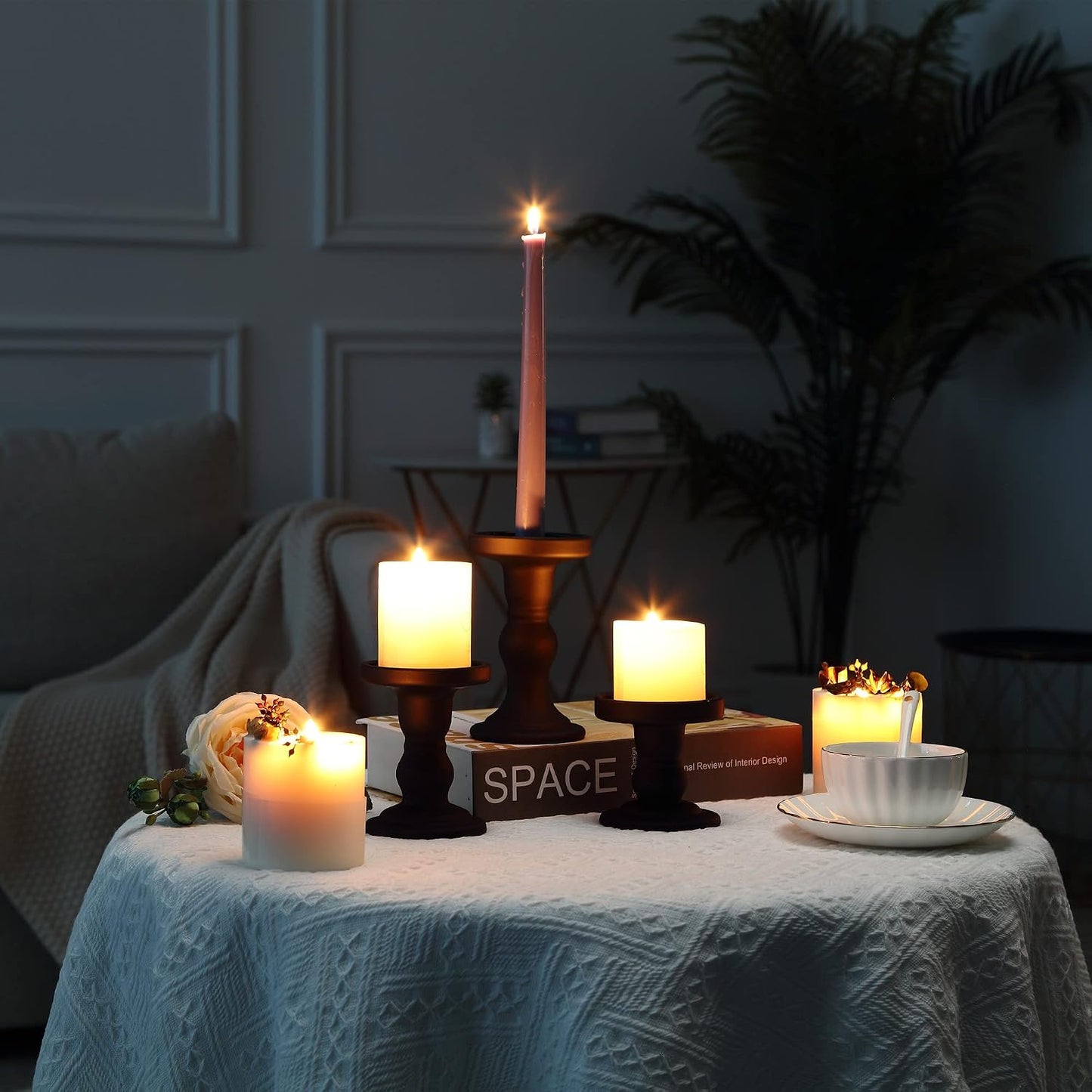 GMWD 3 Pcs Black Glass Candle Holder Set Clear, Candlesticks Holders Pillar Taper Candles Tealight Stand for Wedding