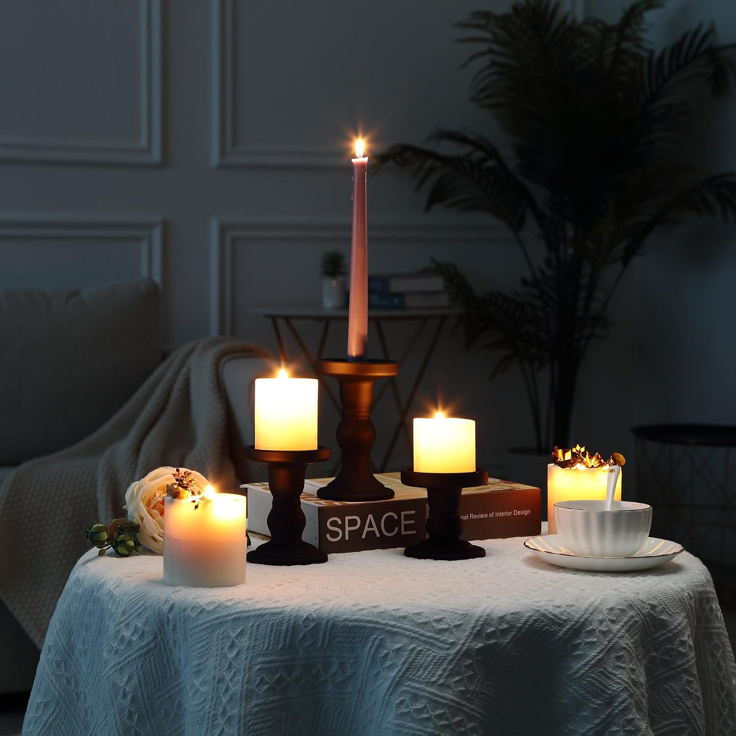 GMWD 3 Pcs Black Glass Candle Holder Set Clear, Candlesticks Holders Pillar Taper Candles Tealight Stand for Wedding