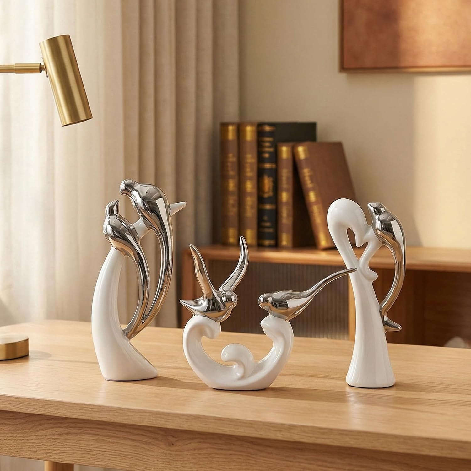 Ceramic Statues / White and Silver / Set of 3
