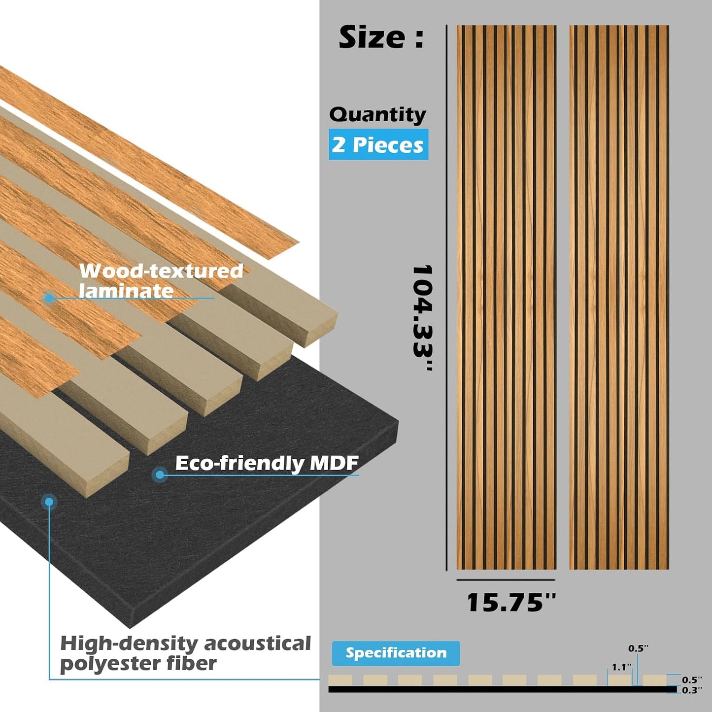 in Slat Acoustic Panel / 104 * 15.75 Inch / Teak / 104 x 15.75 / Set of 2