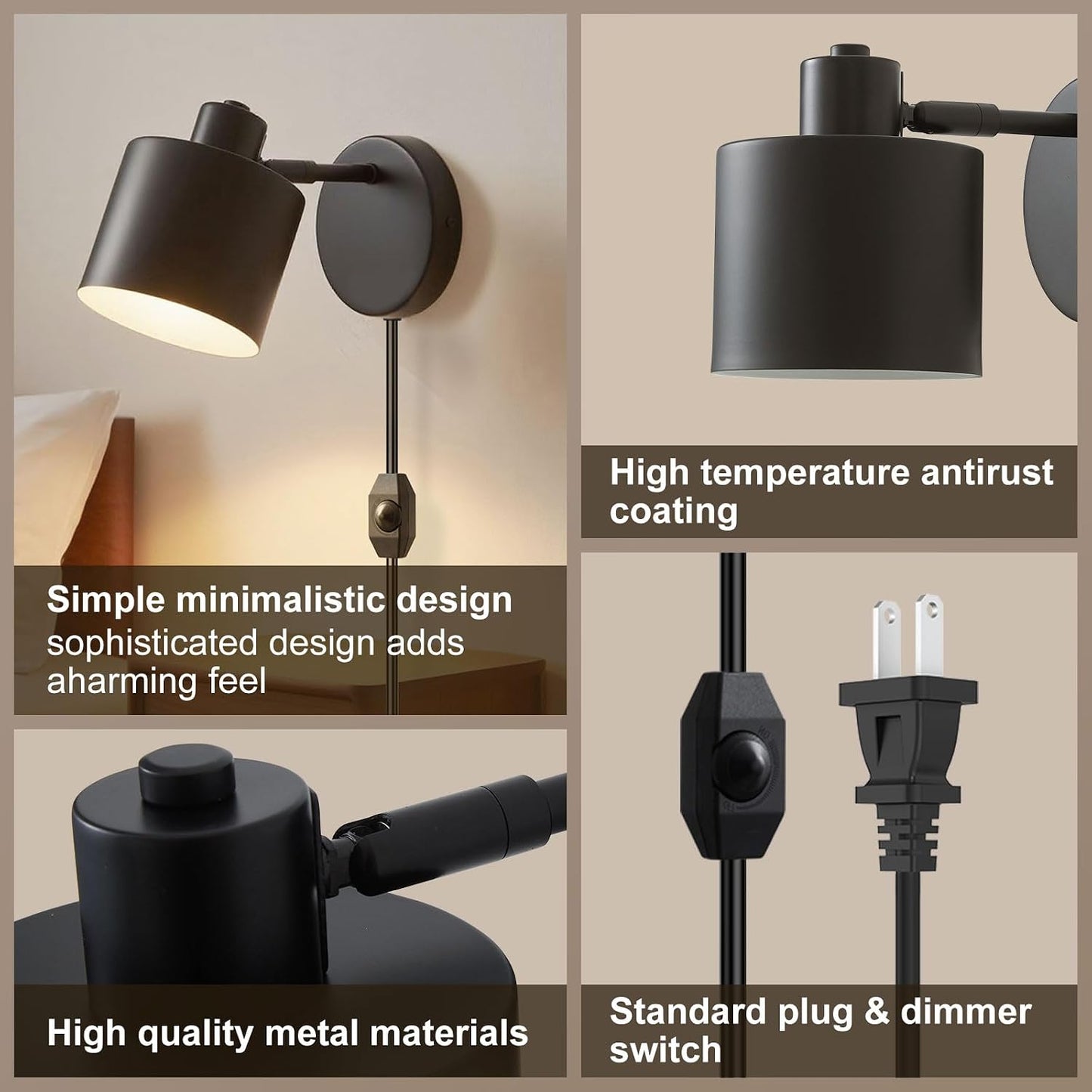 Lightess Black Plug in Wall Sconces Set of 2 Dimmable Corded with Switch | 350° Rotatable Lamp Head, Dimmable Corded