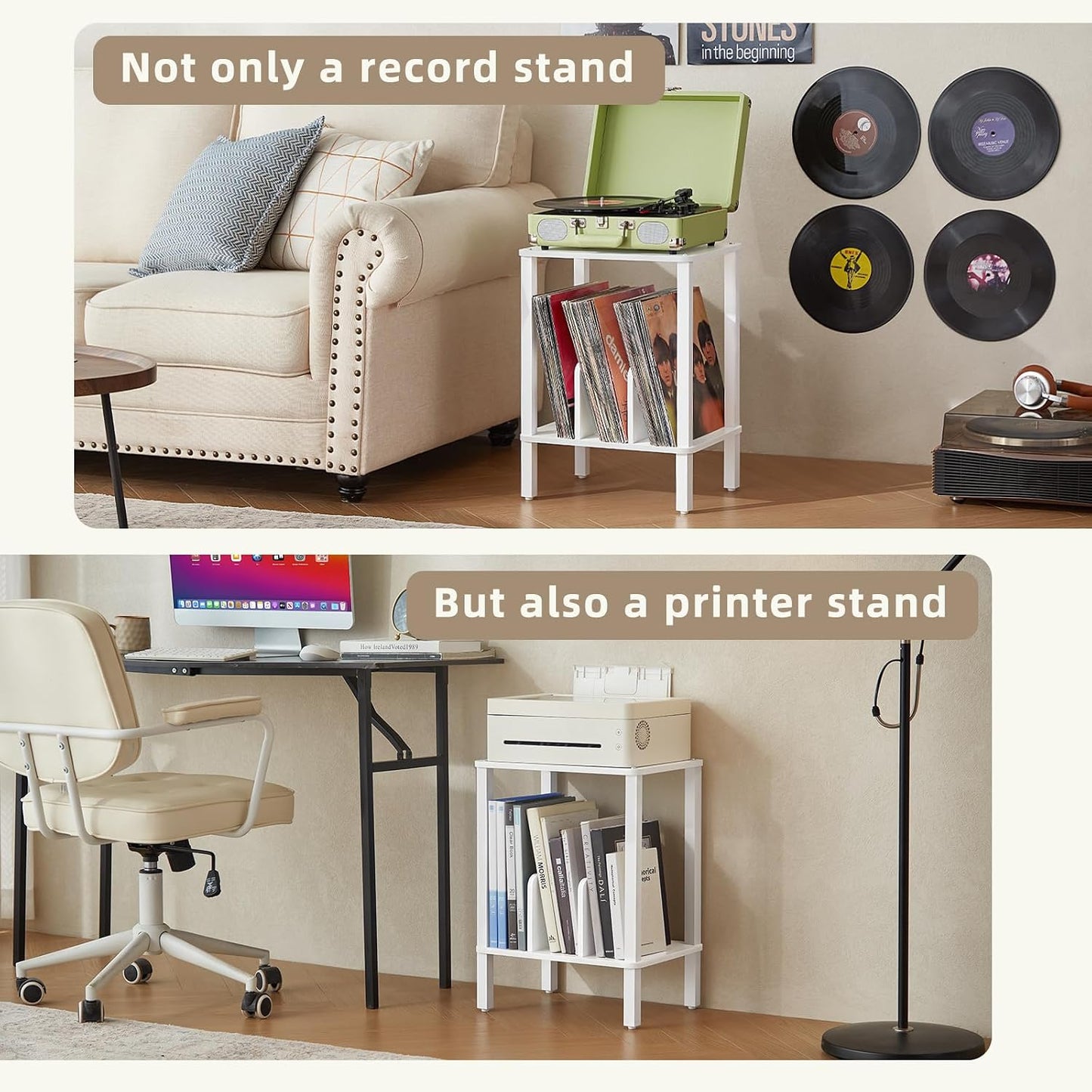 2-Tier Record Player Stand for Vinyl Records Storage End Table | Small Vinyl Record Holder Storage up to 100 Albums