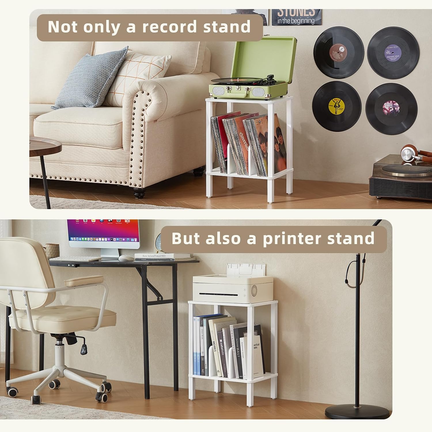 2-Tier Record Player Stand for Vinyl Records Storage End Table | Small Vinyl Record Holder Storage up to 100 Albums