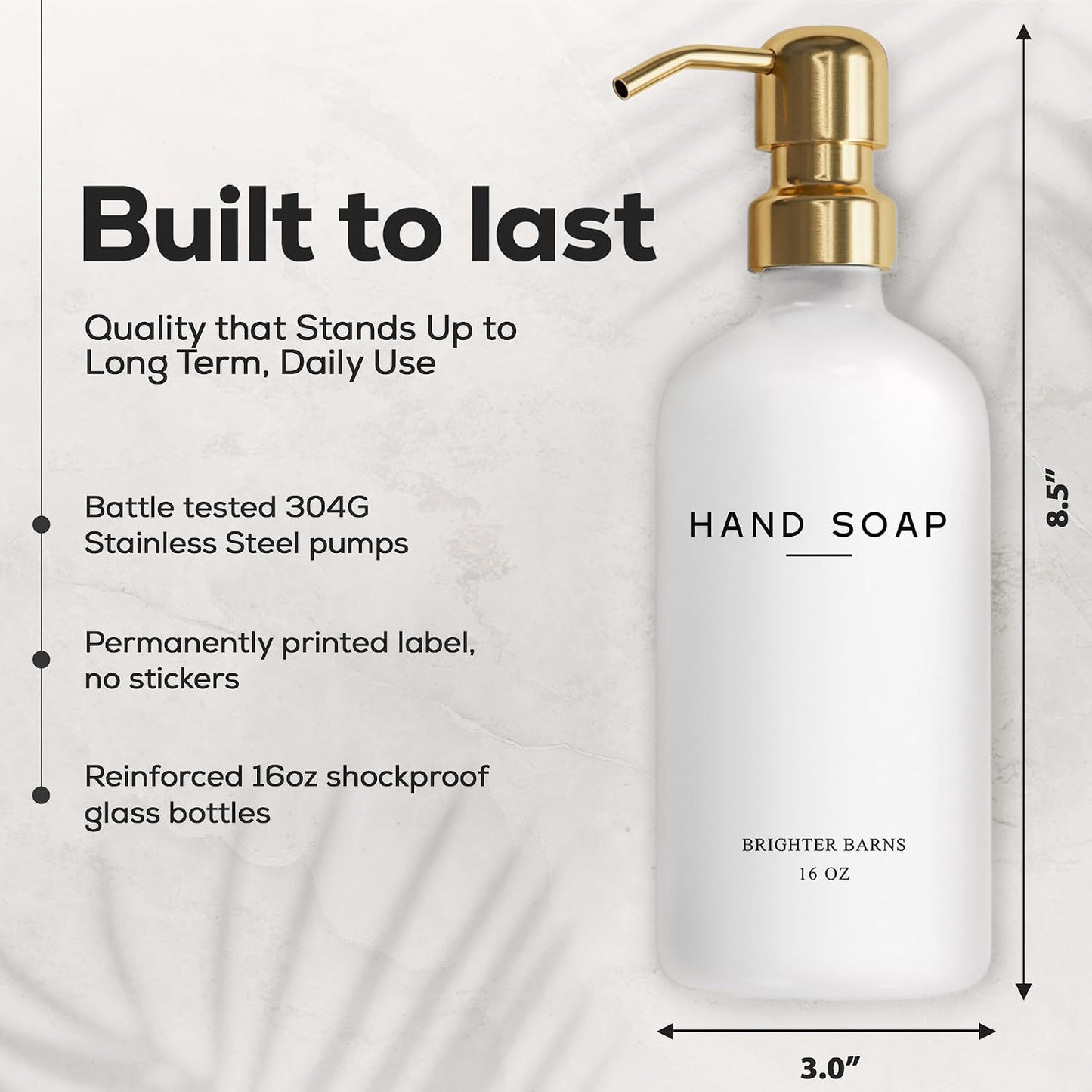 Luxury Glass Soap and Lotion Dispenser Set by Brighter Barns - Liquid Soap Dispenser Bathroom Set - White and Gold