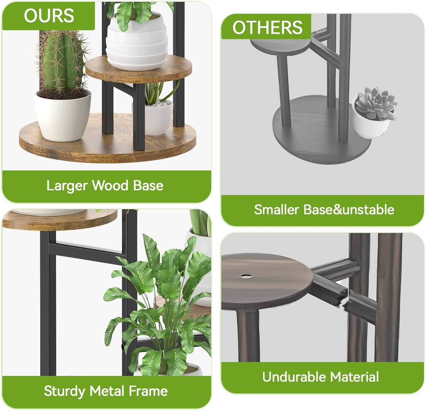 Oppro Plant Stand Indoor, 5 Tier Metal Wood Flower Multiple Shelf | Heavy Duty Round Sturdy Spiral Planter Orchid