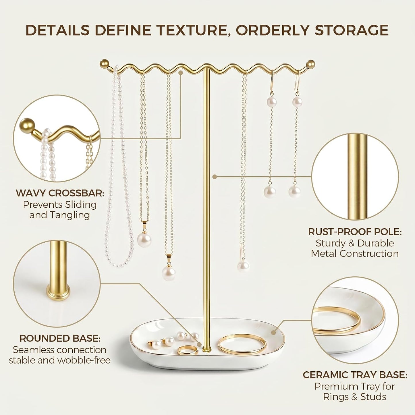 Ceramic Tray / Metal Necklace Holder Organizer for Rings Bracelets / Deluxe White