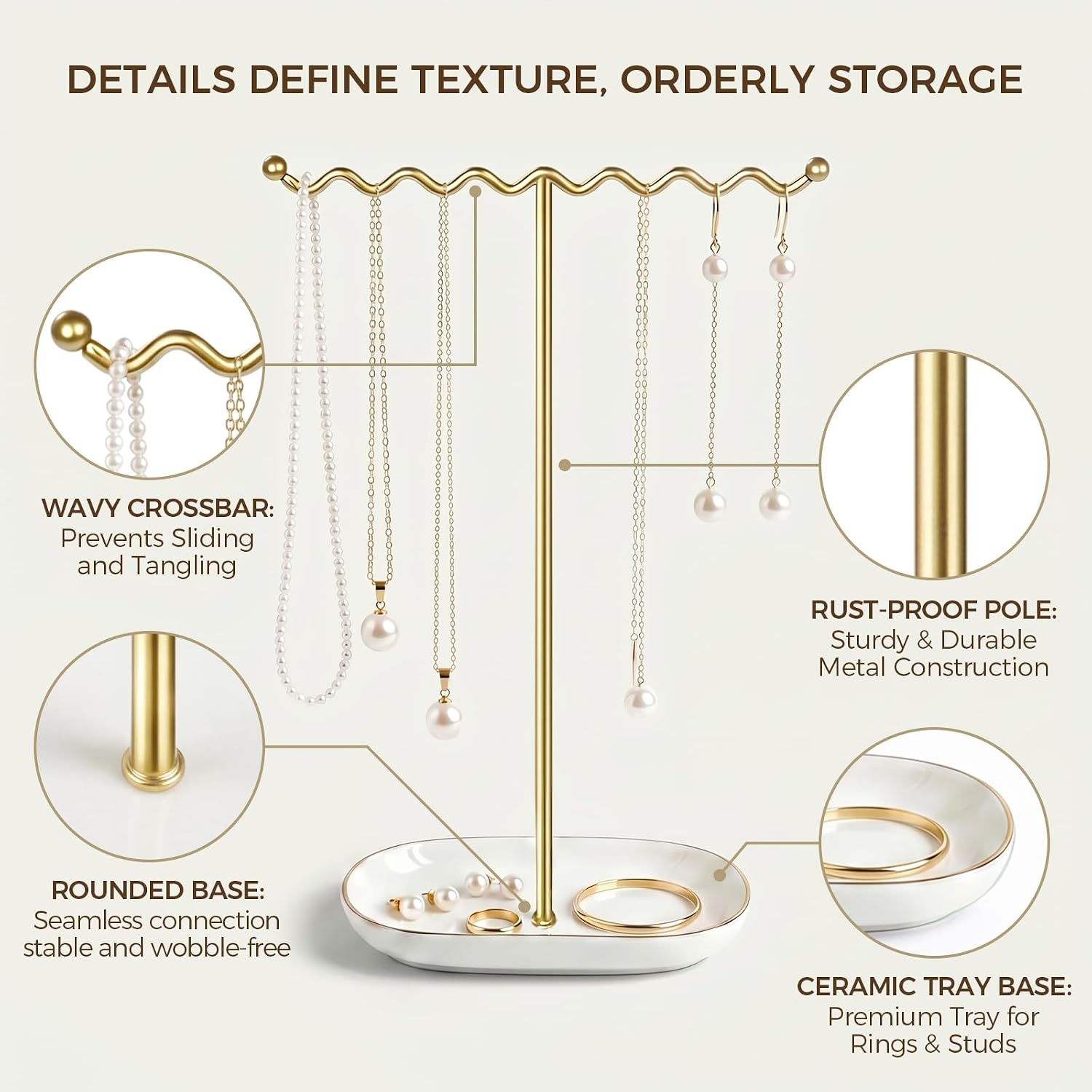 Ceramic Tray / Metal Necklace Holder Organizer for Rings Bracelets / Deluxe White