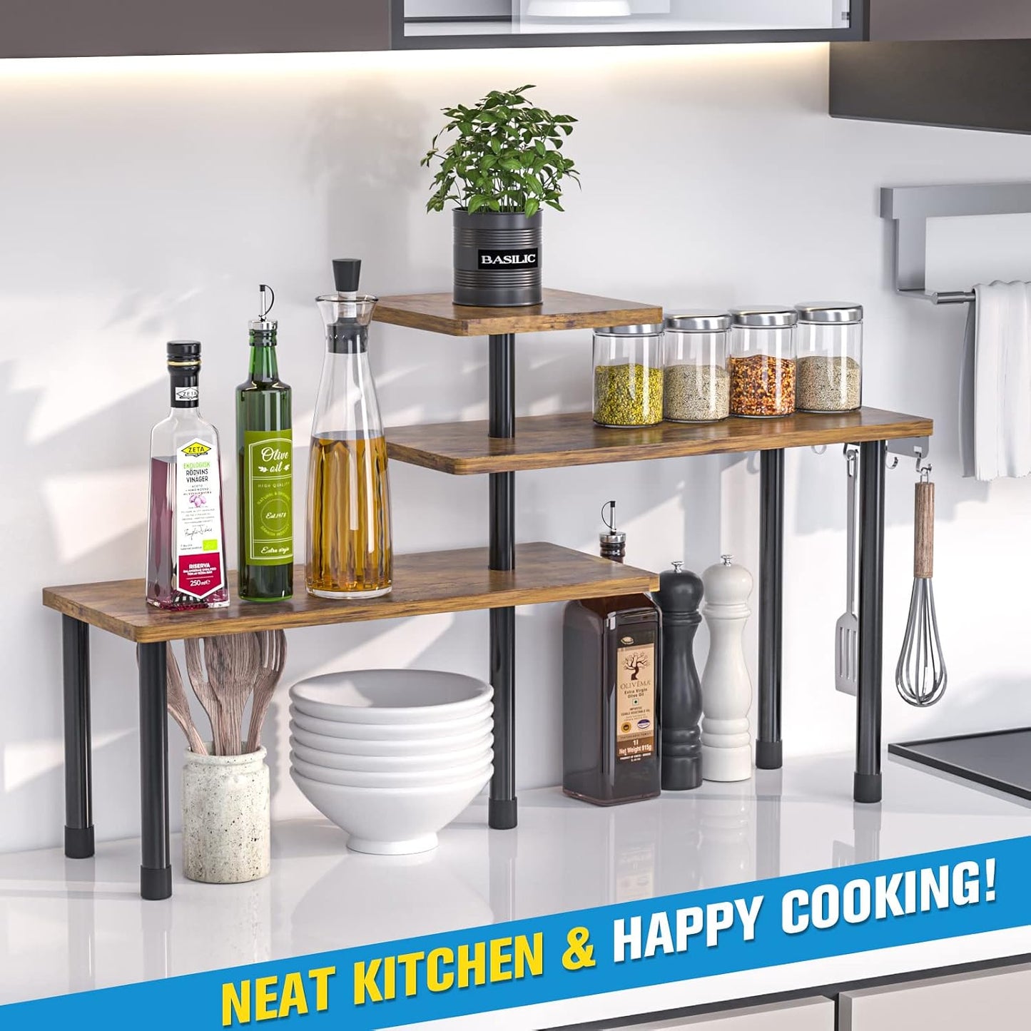 JayRex Kitchen Countertop Organizer 3-Tier Corner Shelf, Rustic Brown | Space-saving corner design organizes spices