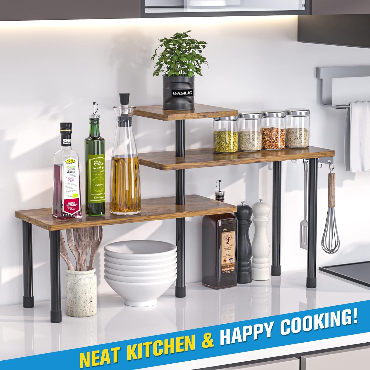 JayRex Kitchen Countertop Organizer 3-Tier Corner Shelf, Rustic Brown | Space-saving corner design organizes spices