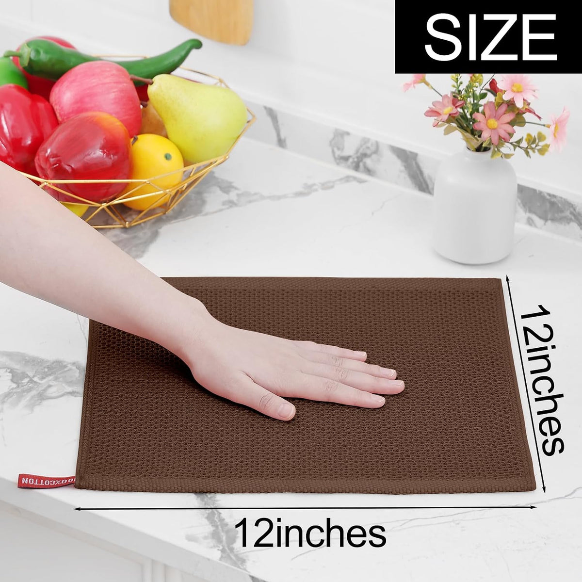 Homaxy 100% Cotton Waffle Weave Kitchen Dish Cloths 12-Pack, Coffee | 12 x 12 Inches, Ultra Soft Absorbent Dish Towels