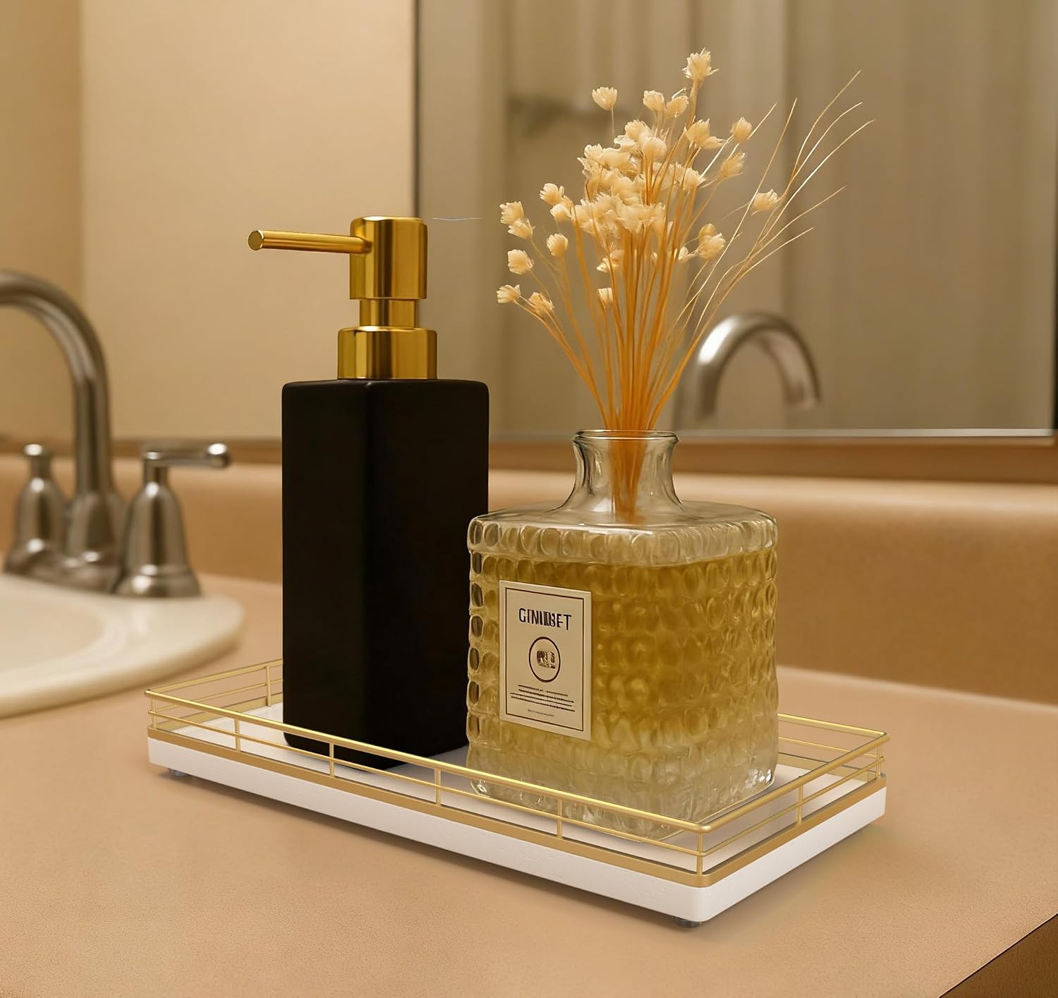 Oak Wood Toilet Tank Tray / 12 x 6 x 1.5 / Gold & White