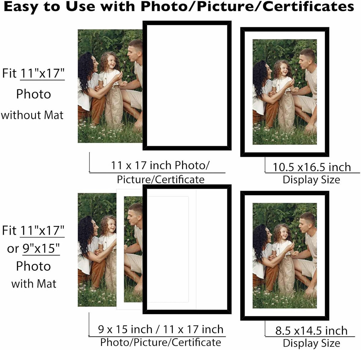 JCJMY 12 Pack 11x17 Picture Frame with 9x15 Mat, Display 9x15 with Mat or 11x17 Without Mat, 11 by 17 Frames Bulk Set