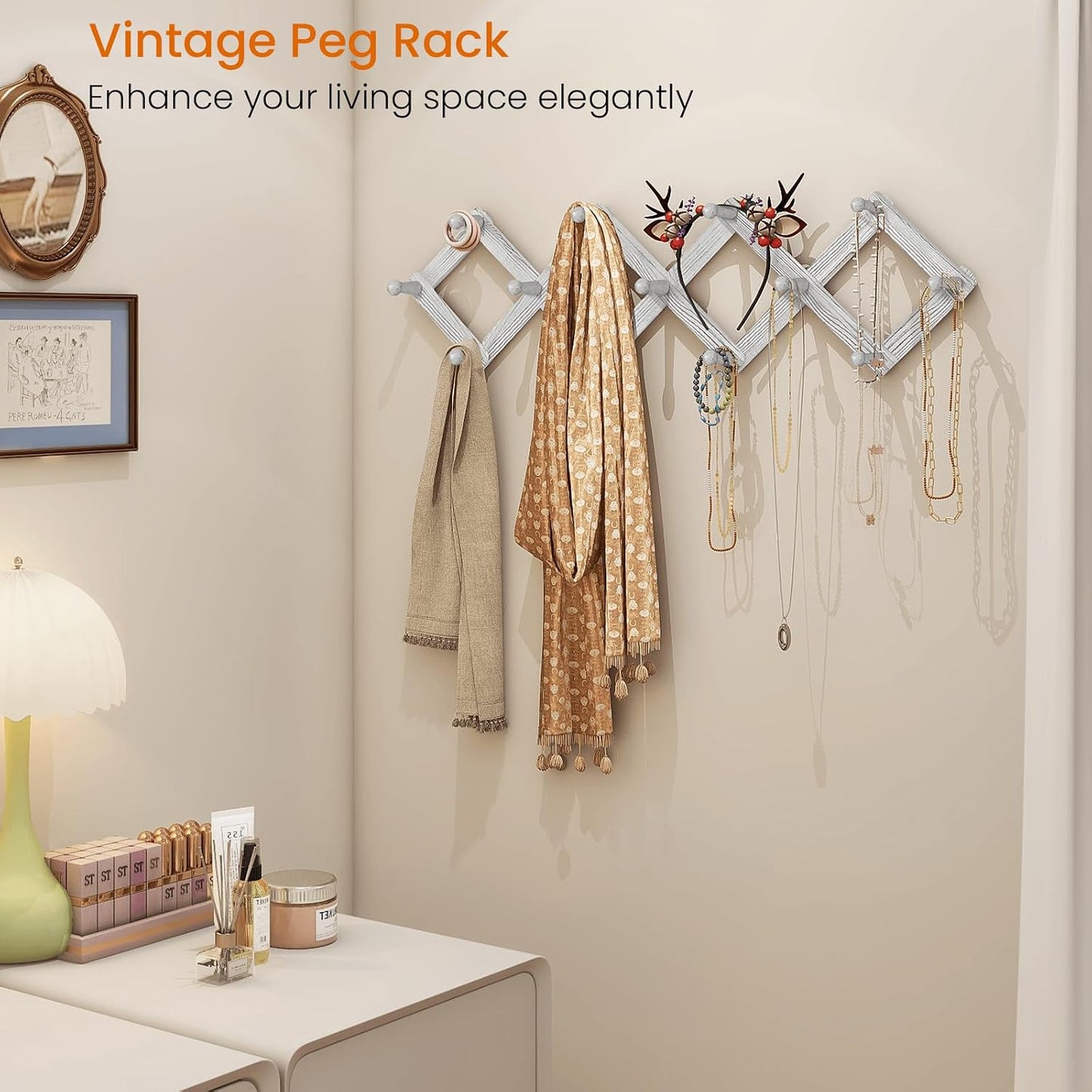 Accordian Wall Hanger, Expandable Coat Rack Wall Mounted, Accordion Style Wood Hat Rack with 13 Peg Hooks for Hanging