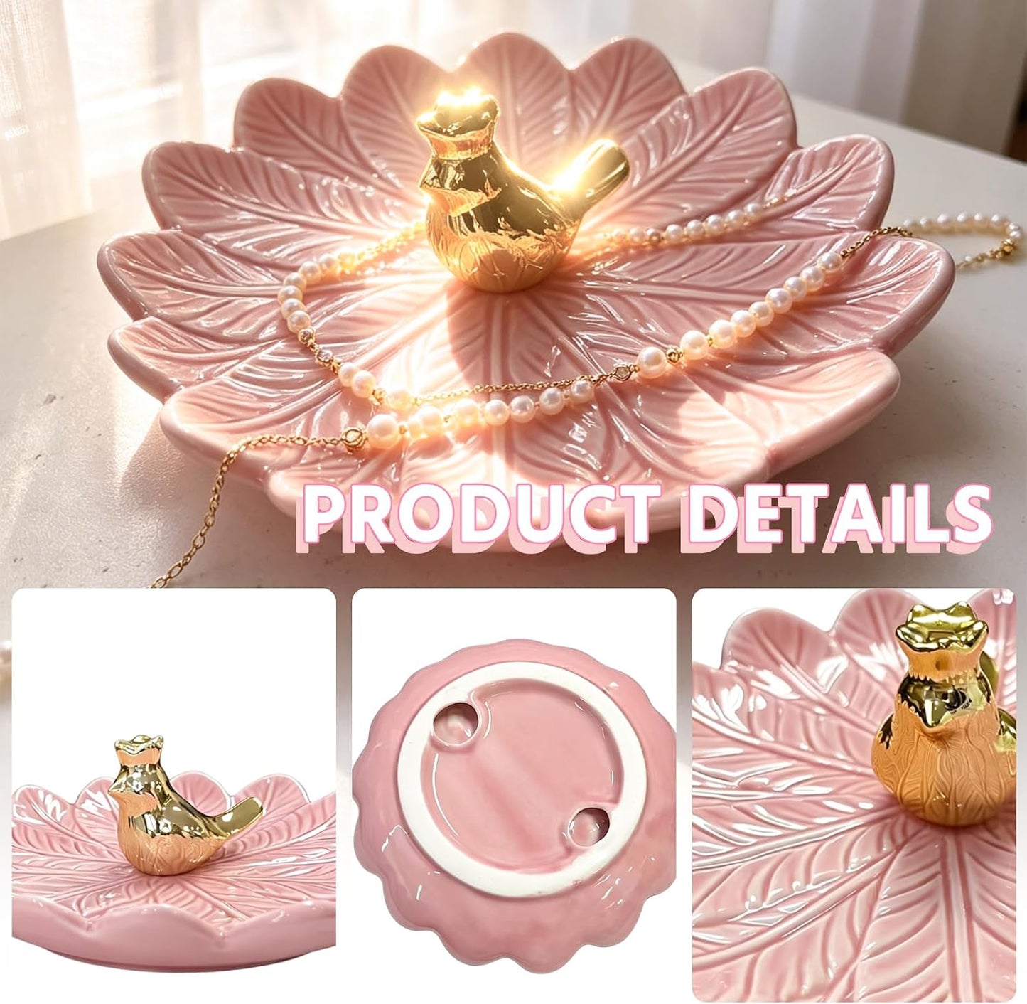 Golden Bird Ceramic Ring Holder Dish for Women / Pink