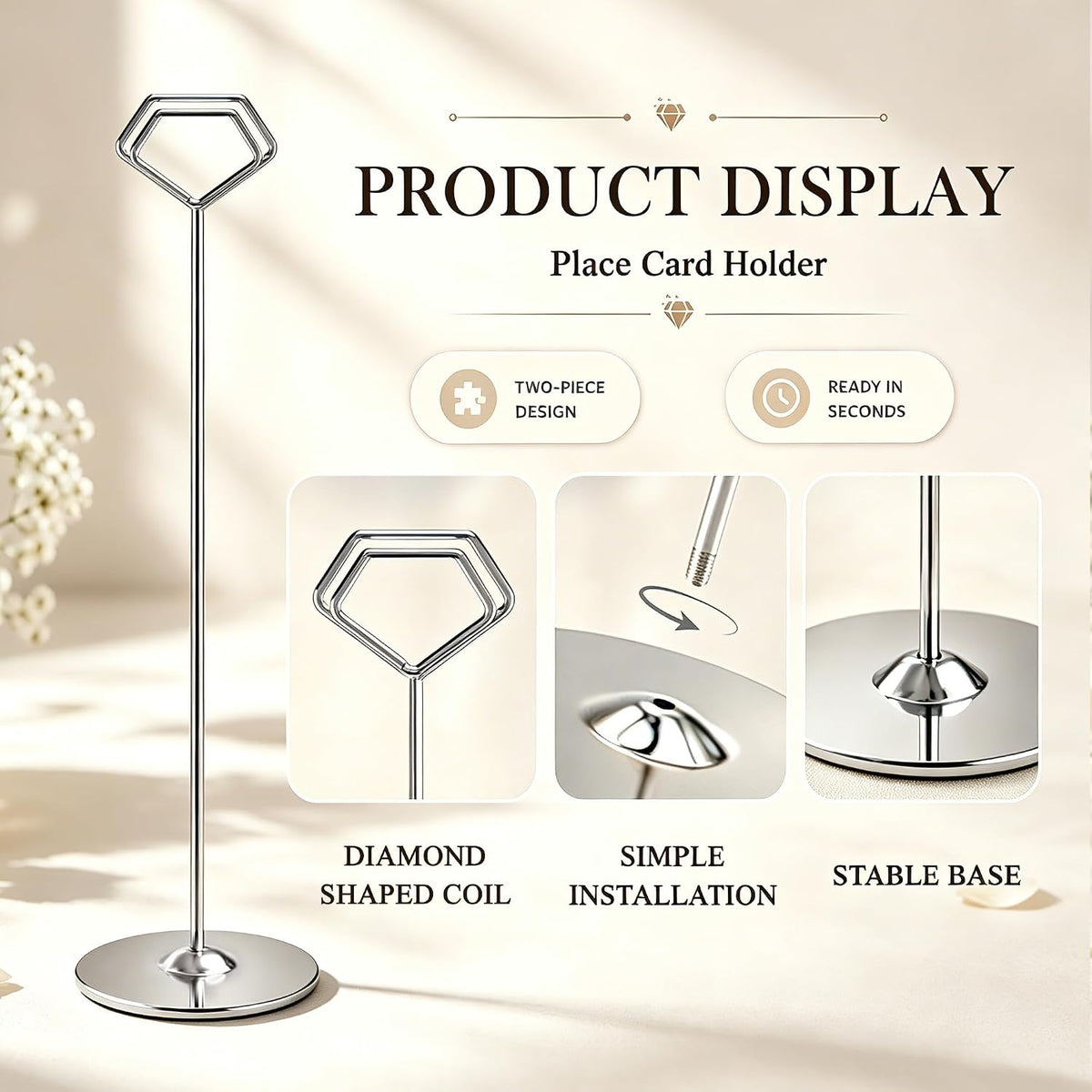 16 Pack 12 Inch Table Number Holders, Silver Diamond Place Card Holders | Steel Table Card Stands for Weddings