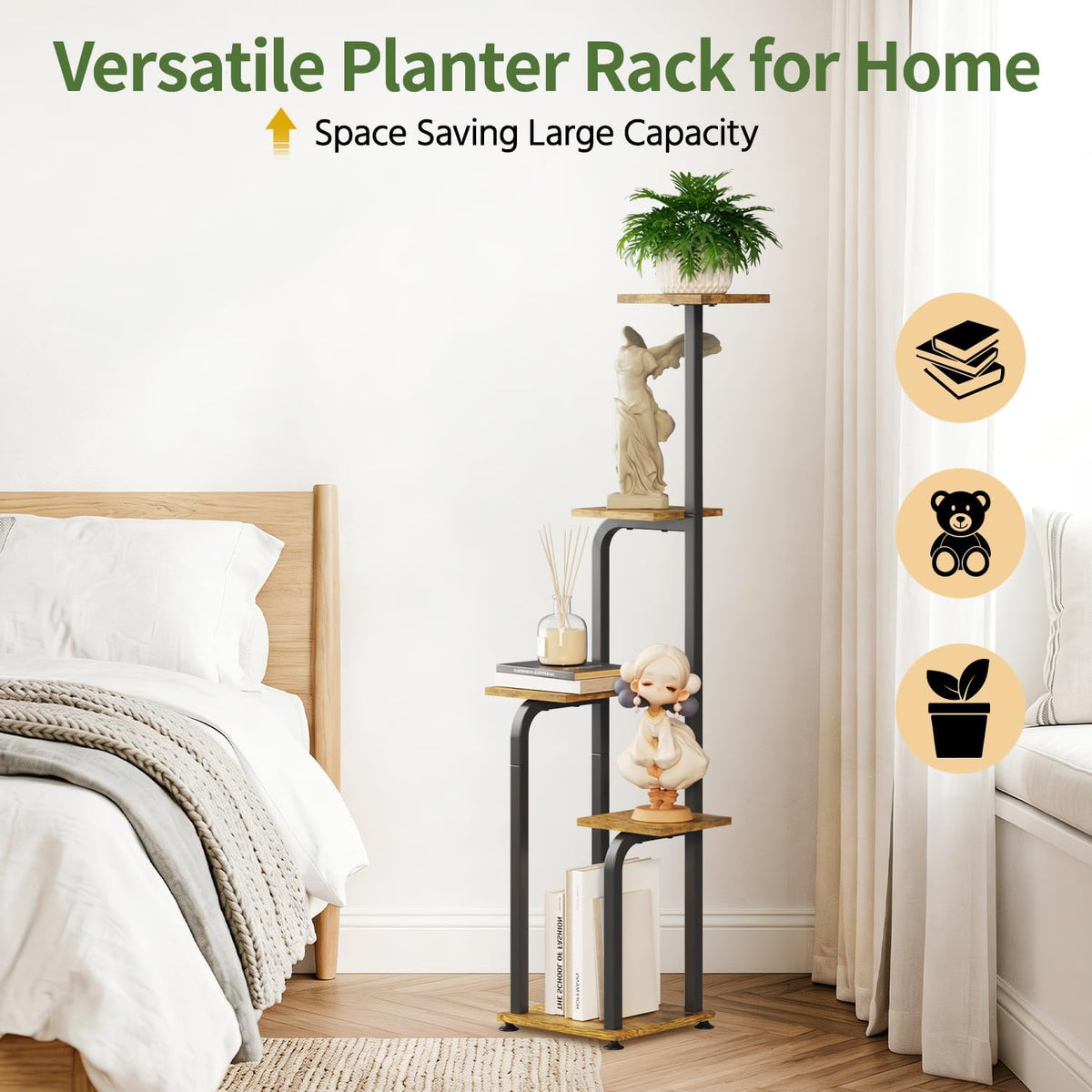 LASZOLA Plant Stand Shelf Tall for Indoor Corner Flower Rack, 5 Tier Brown | Modern Multiple Display with Wooden Tray