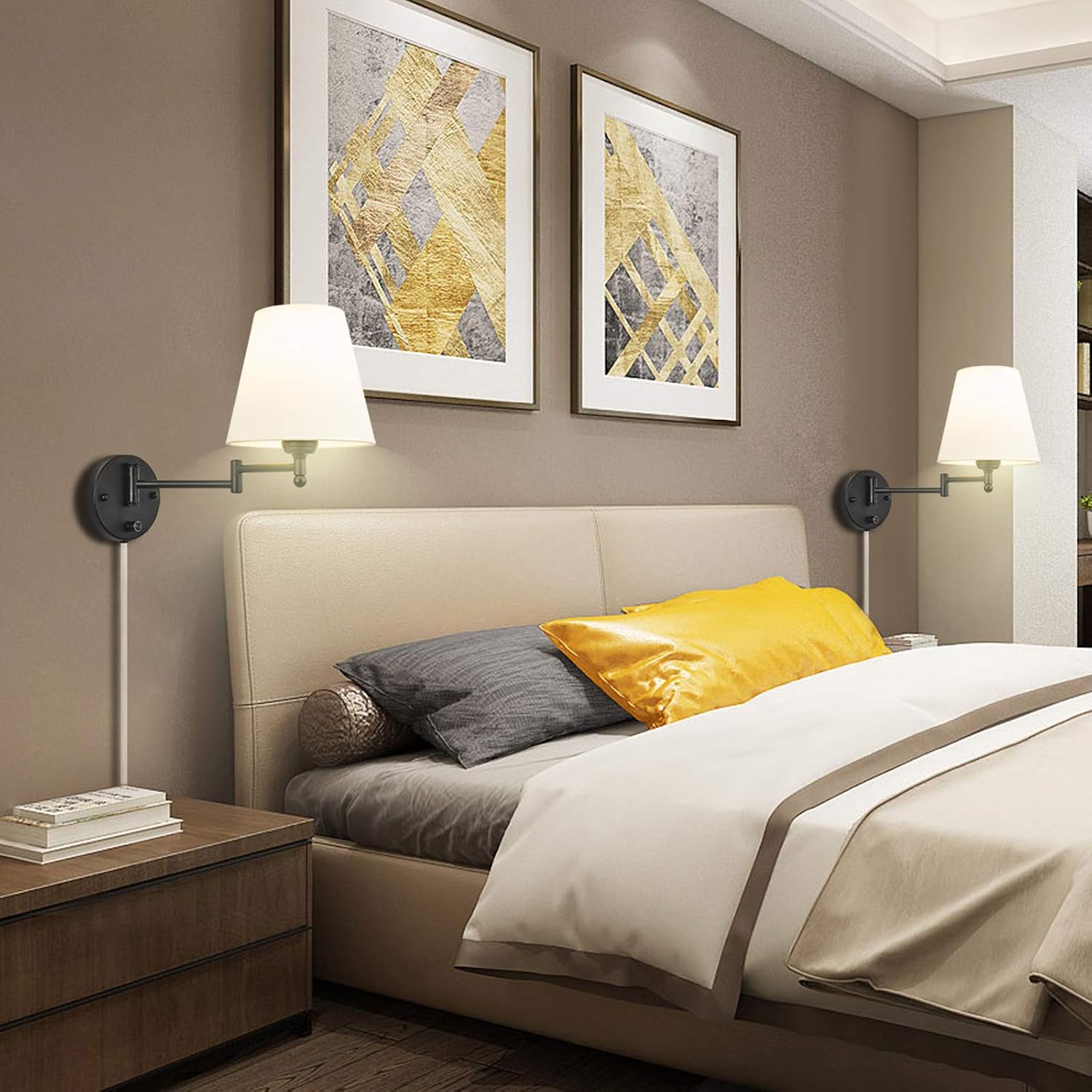 Swing Arm Wall Lamp Plug in Wall Mount Opaque Ivory Linen Shade 40W 2-Way Cord Covers(1 Light)