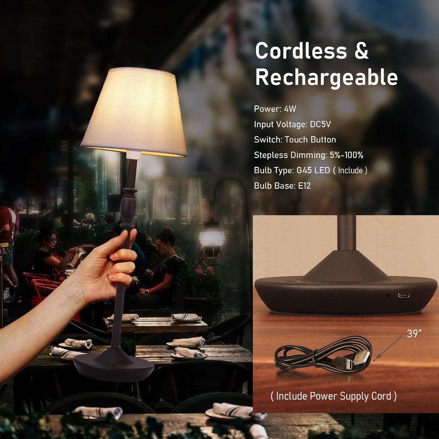 Cordless Table Lamp Portable Small LED Touch Lamp with Dimmer, 18" 2700K Rechargeable Battery Light for Bedside, Dining