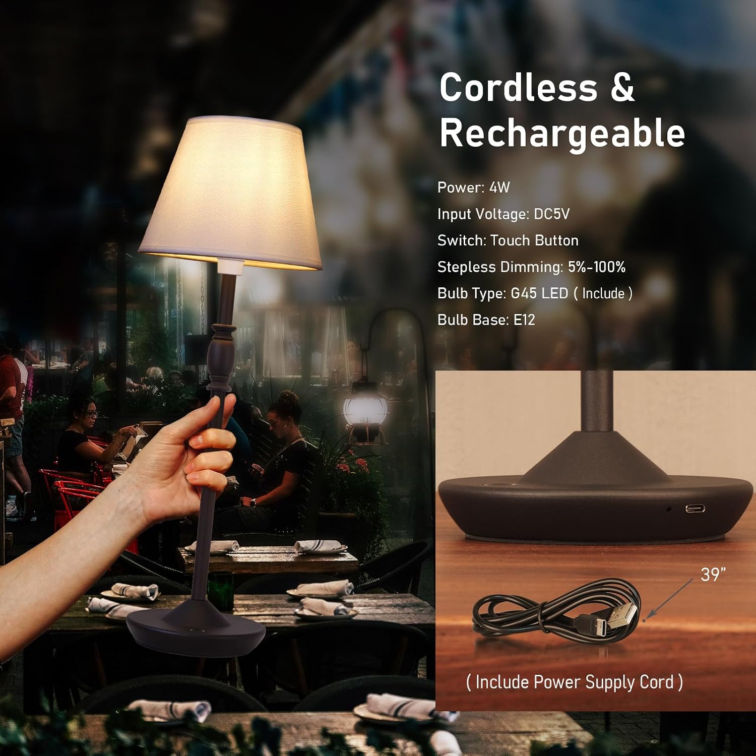 Cordless Table Lamp Portable Small LED Touch Lamp with Dimmer, 18" 2700K Rechargeable Battery Light for Bedside, Dining
