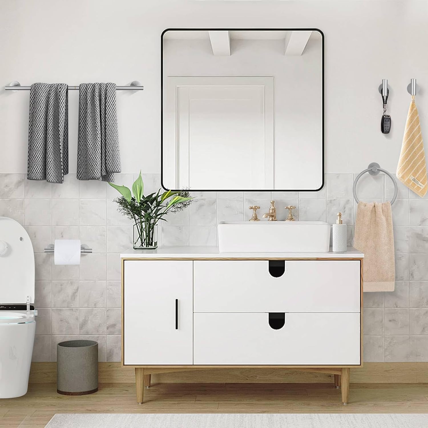Brushed Nickel Bathroom Hardware Accessories Set, 5 Pieces Round Towel Bar Set Toilet Paper Holder Towel Rail Set for