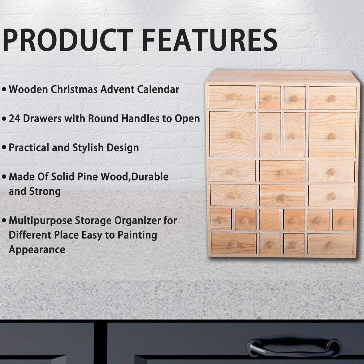 Vencer Wooden Countdown to Christmas Advent Calendar Storage Organizer with 24 Drawers,Jewelry Box,Desktop