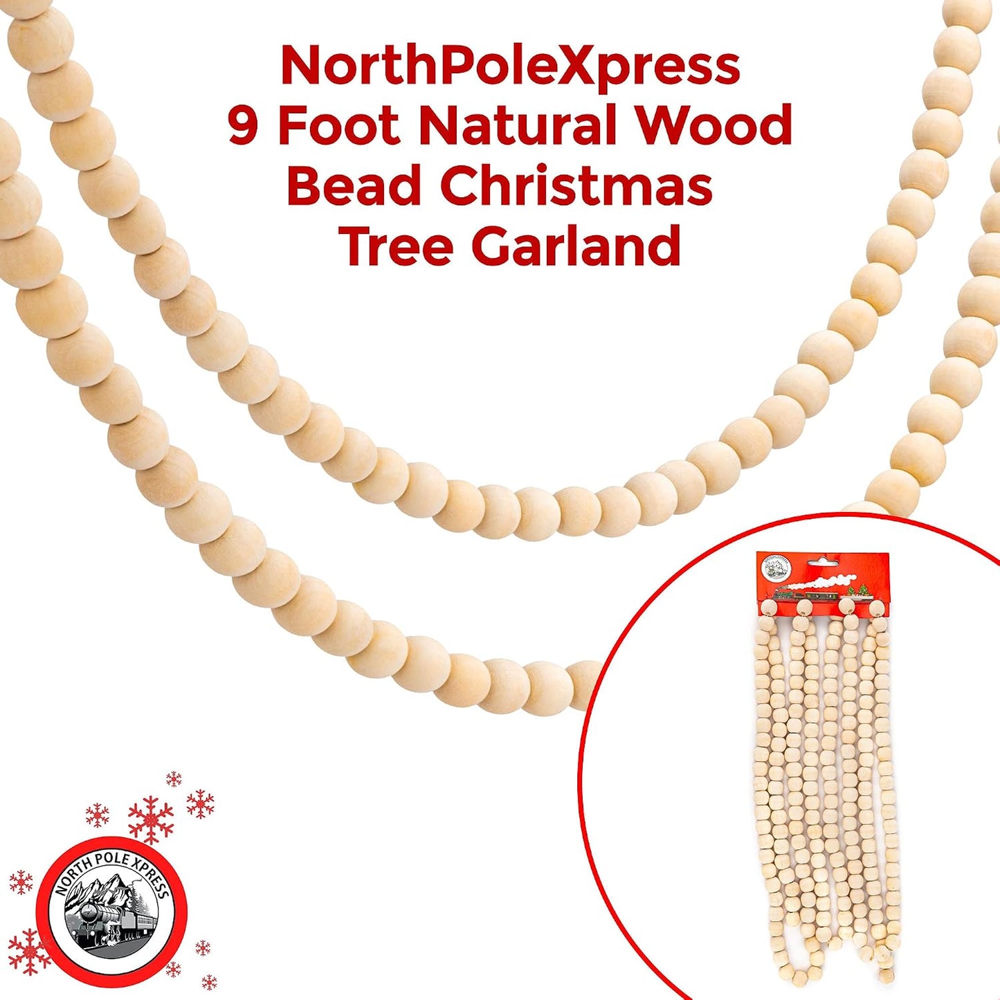 9 Foot Wood Bead Christmas Garland / Natural