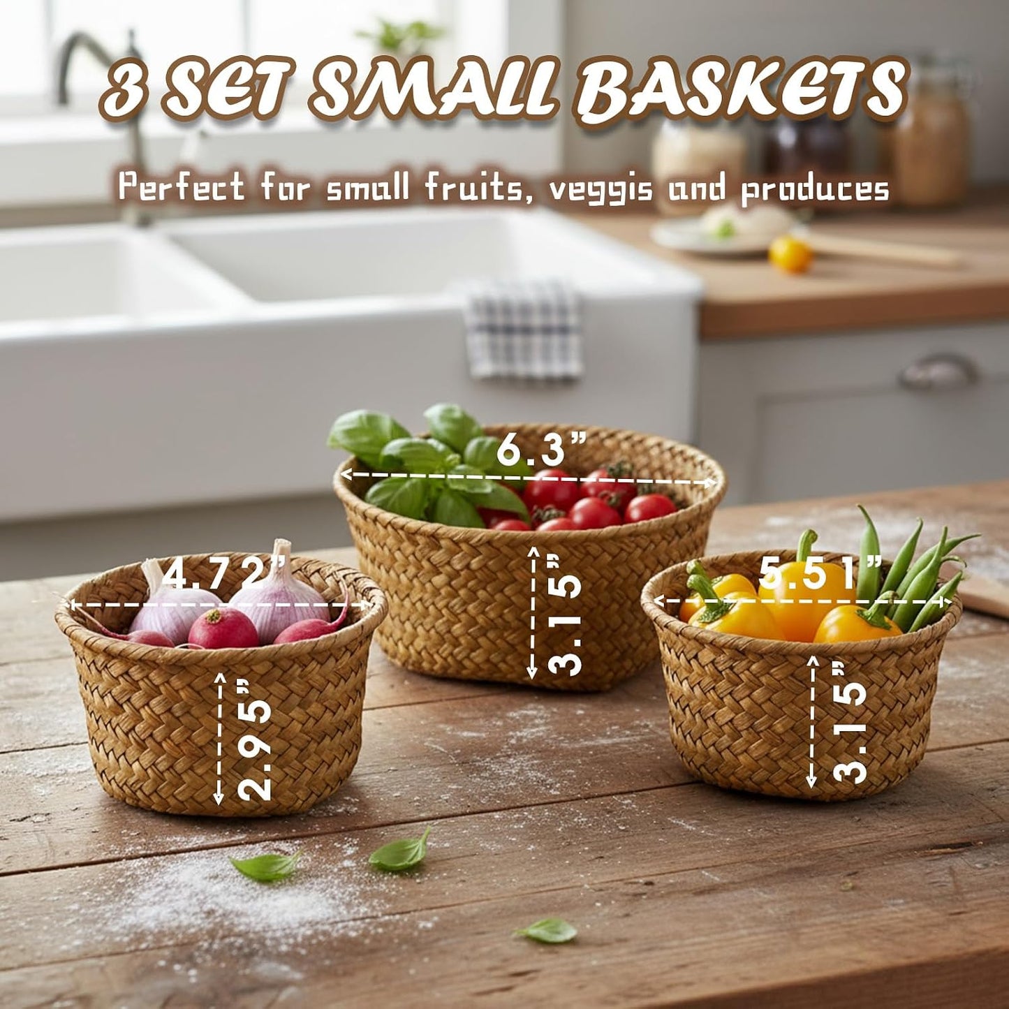 Small Seagrass Woven Storage Baskets / Natural / Set of 3