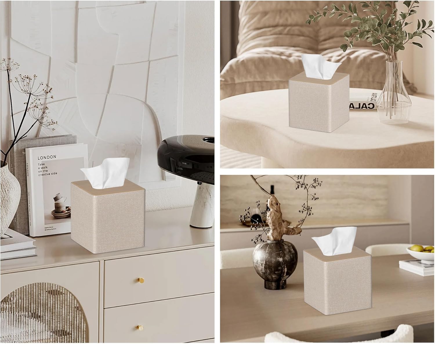 Tissue Box Cover Square PU Leather Facial Tissue Box Holder for Dresser Bathroom Decor / Beige
