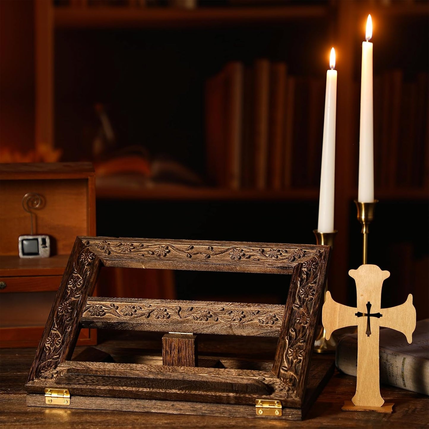 DoubleFill Adjustable Wooden Bible Stand Carved Bible Holder Missal Stand Book Display for Reading Folding Religious