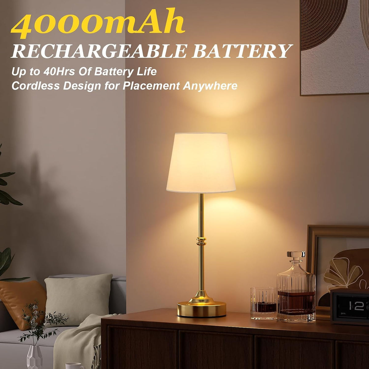 Kakanuo Cordless Table Lamp, Rechargeable Battery Operated, Brass, 1 Pack | 4000mAh Battery, USB-C Charging, 3000K Warm