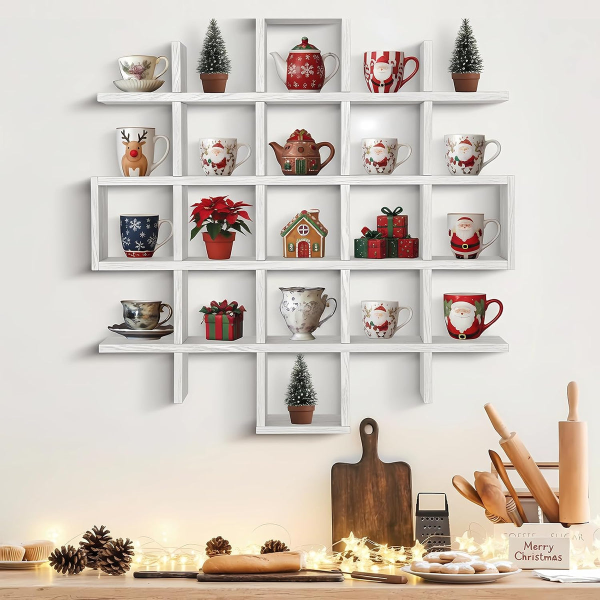 Suzile Oversize Tea Cups and Saucers Shelf Rustic Wooden Coffee Display Shelves Wooden Floating Curio Shelf Mounted Tea