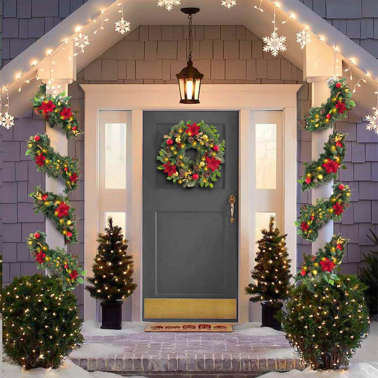 WANNA-CUL Pre-Lit 6ft Red Gold Christmas Garland with 30 LED Timer Lights | Luxury Lighted Garland for Mantel with