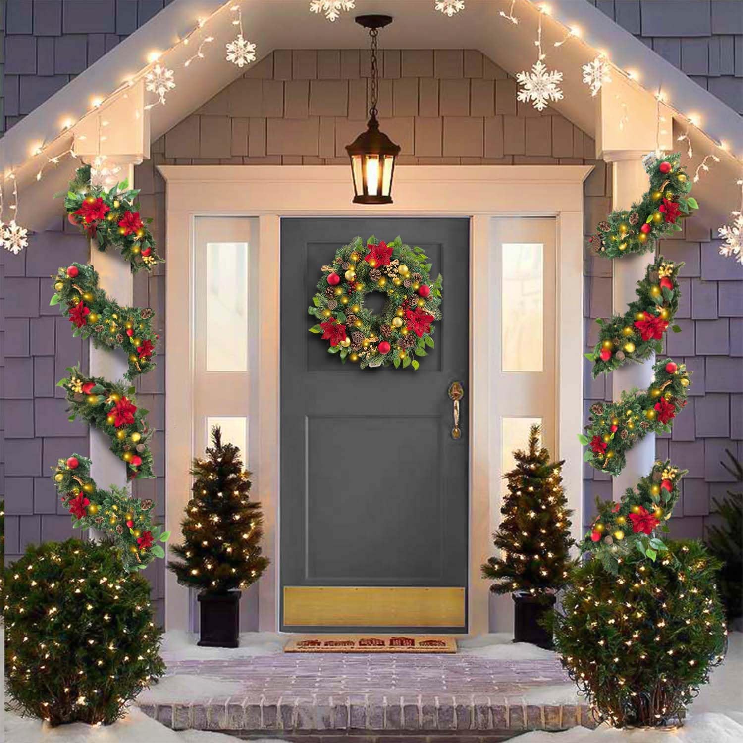 WANNA-CUL Pre-Lit 6ft Red Gold Christmas Garland with 30 LED Timer Lights | Luxury Lighted Garland for Mantel with