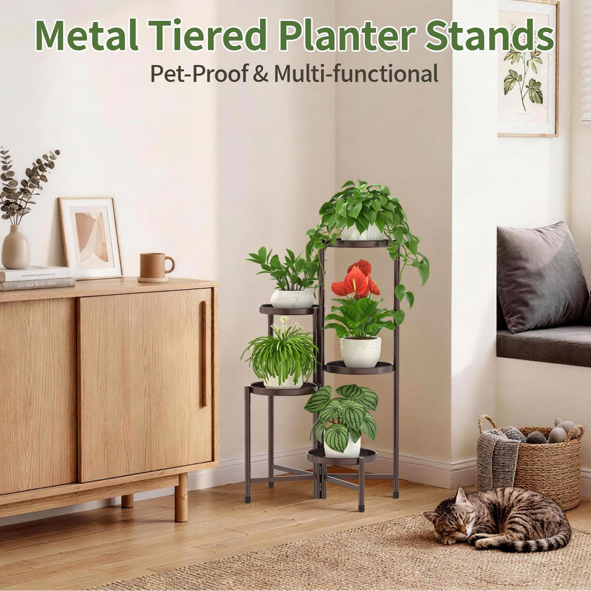 LASZOLA Plant Stand Indoor with 10 Inch Large Metal Tray, 5 Tier Bronze | Corner Tall Folding Flower Display Rack