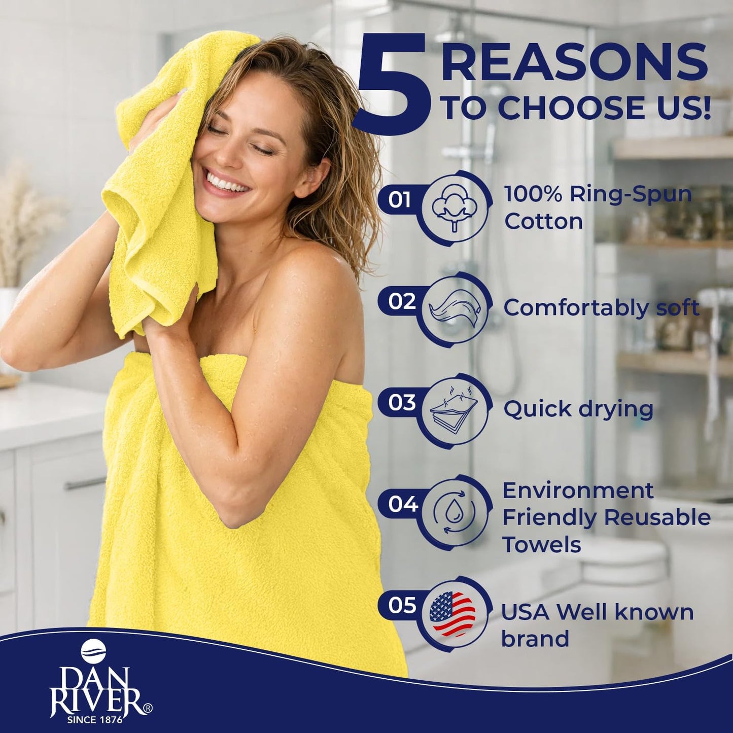 DAN River 8 Piece Luxury Bath Towels for Bathroom, Towel Set, Yellow | 2 Bath towels, 2 Hand towels, and 4 Wash Cloths