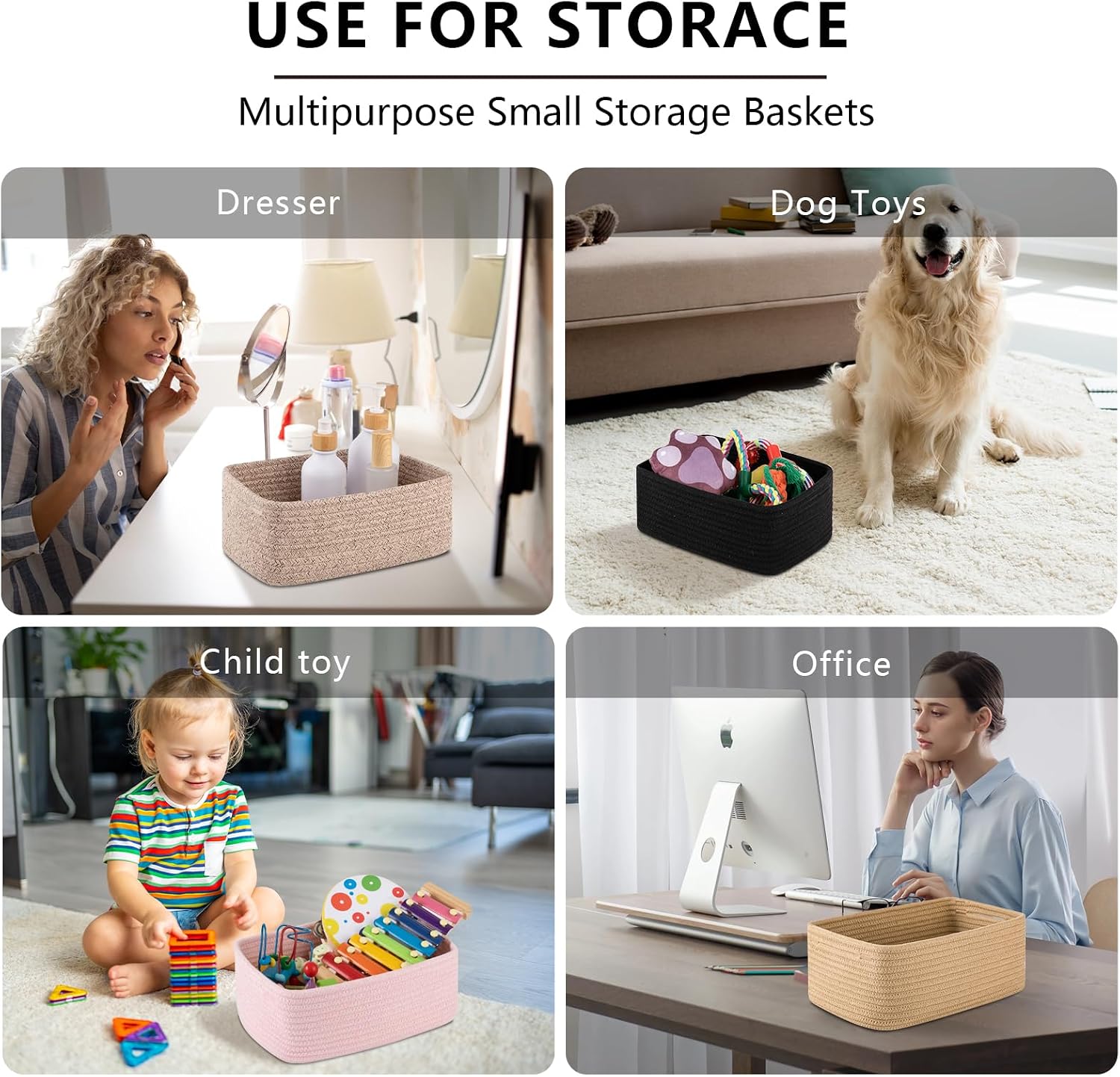 Mini Woven Rope Storage Bins for Towels / Pink / 11.81''lx7.87''wx4.72''h / Set of 4