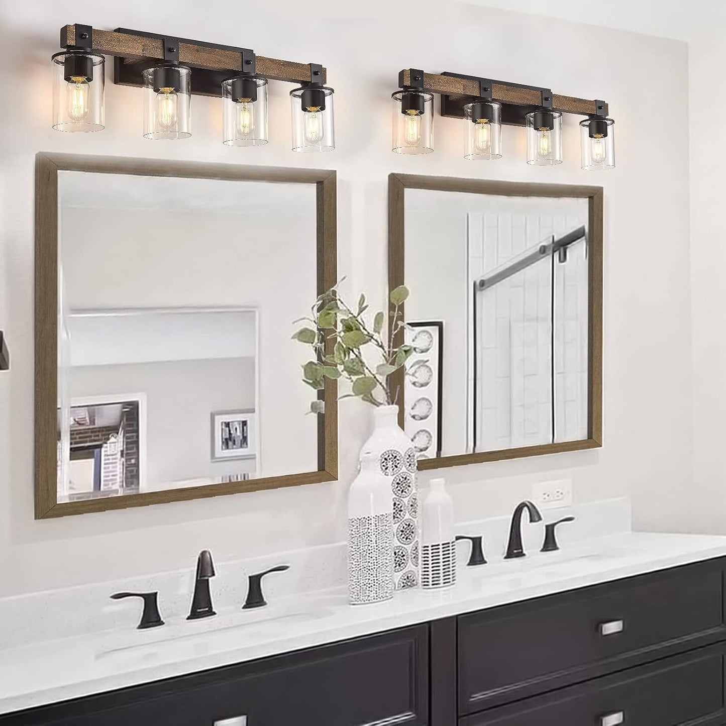 DUJAHMLAND Farmhouse Vanity Light Fixture, Industrial 4-Light Wood Wall Sconce Bathroom Vanity Lighting with Clear