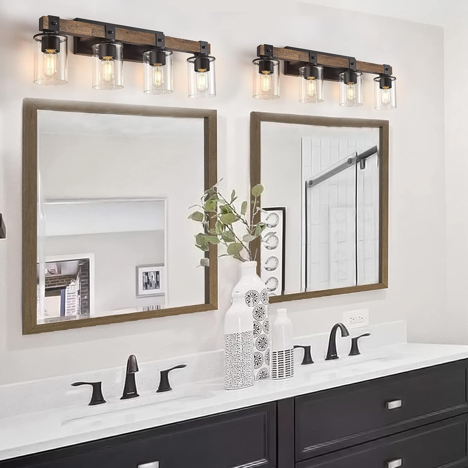 DUJAHMLAND Farmhouse Vanity Light Fixture, Industrial 4-Light Wood Wall Sconce Bathroom Vanity Lighting with Clear