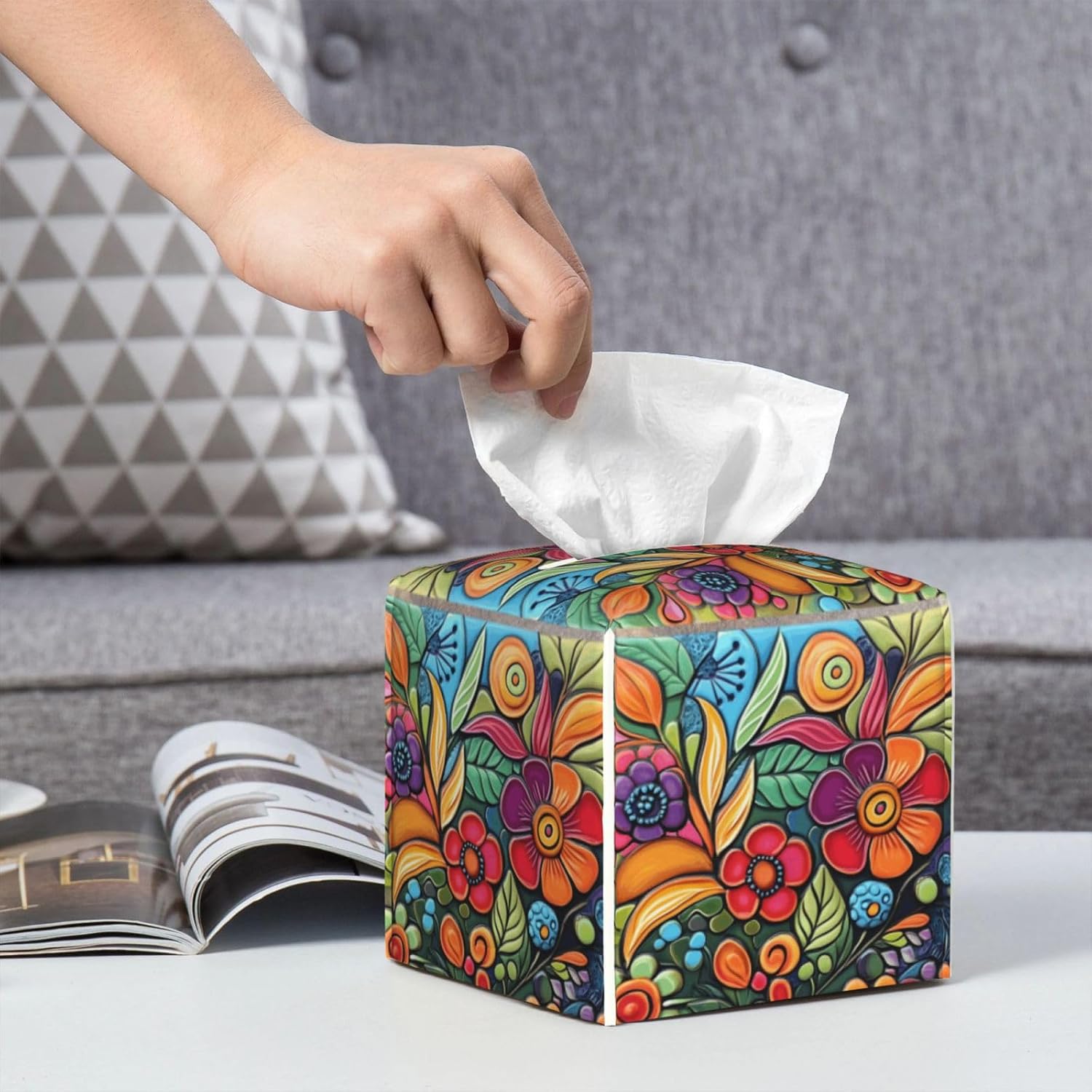 Tissue Box Cover Square Leather Tissue Case Holder Facial Paper Organizer / Colorful Boho Florals
