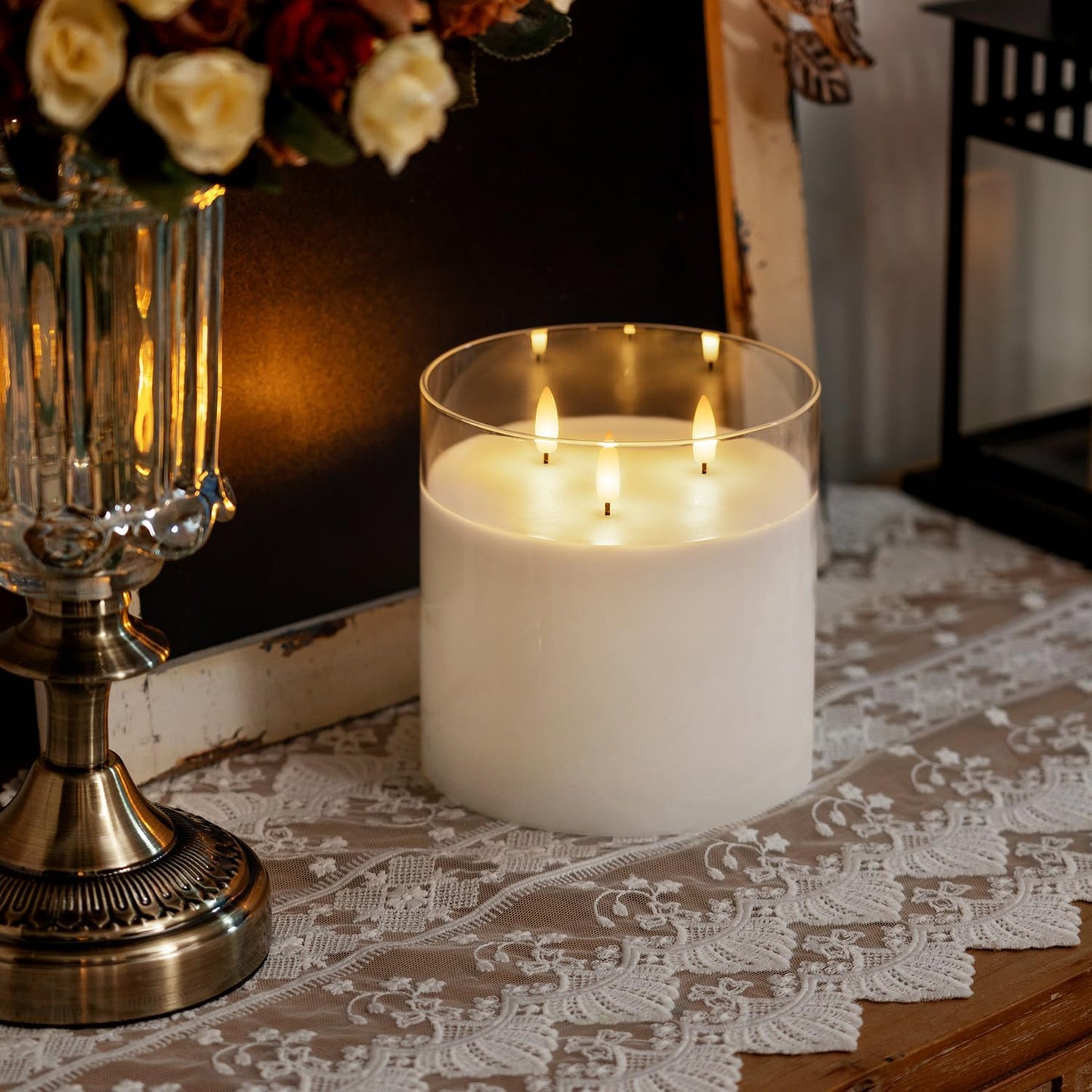 Homemory Pure White Large Glass Flameless LED Candle, 3 Wicks, Remote Timer | 6"x6", real wax, battery operated