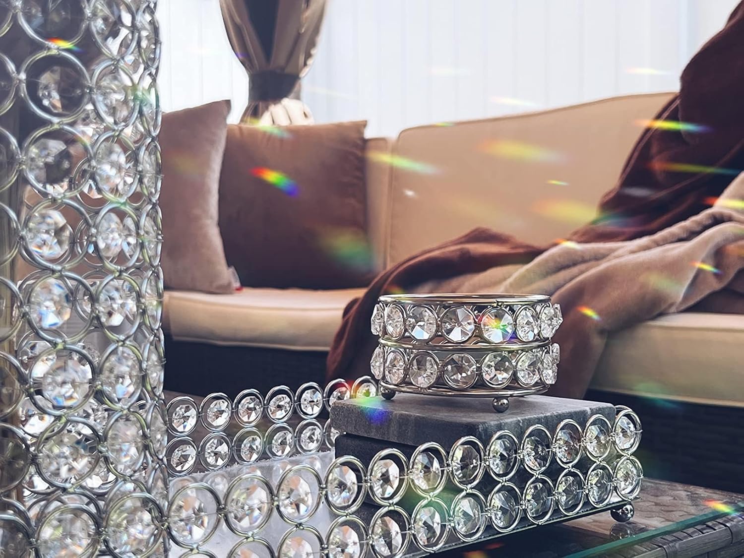Crystal Perfume Tray Cosmetic Vanity Makeup Tray Mirrored Jewelry Trinket Rings Earrings / Silver