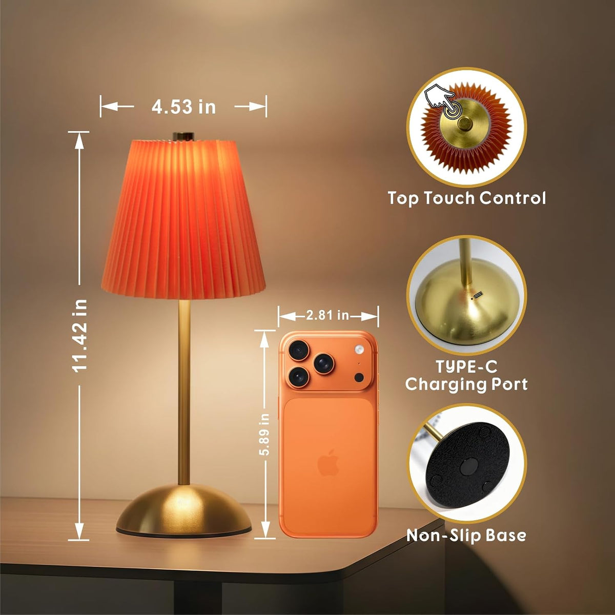 Set of 2 Orange LED Table Lamps, Mini Cordless Lamps Rechargeable | Small Wireless Table Lamp, Stepless Dimming Battery