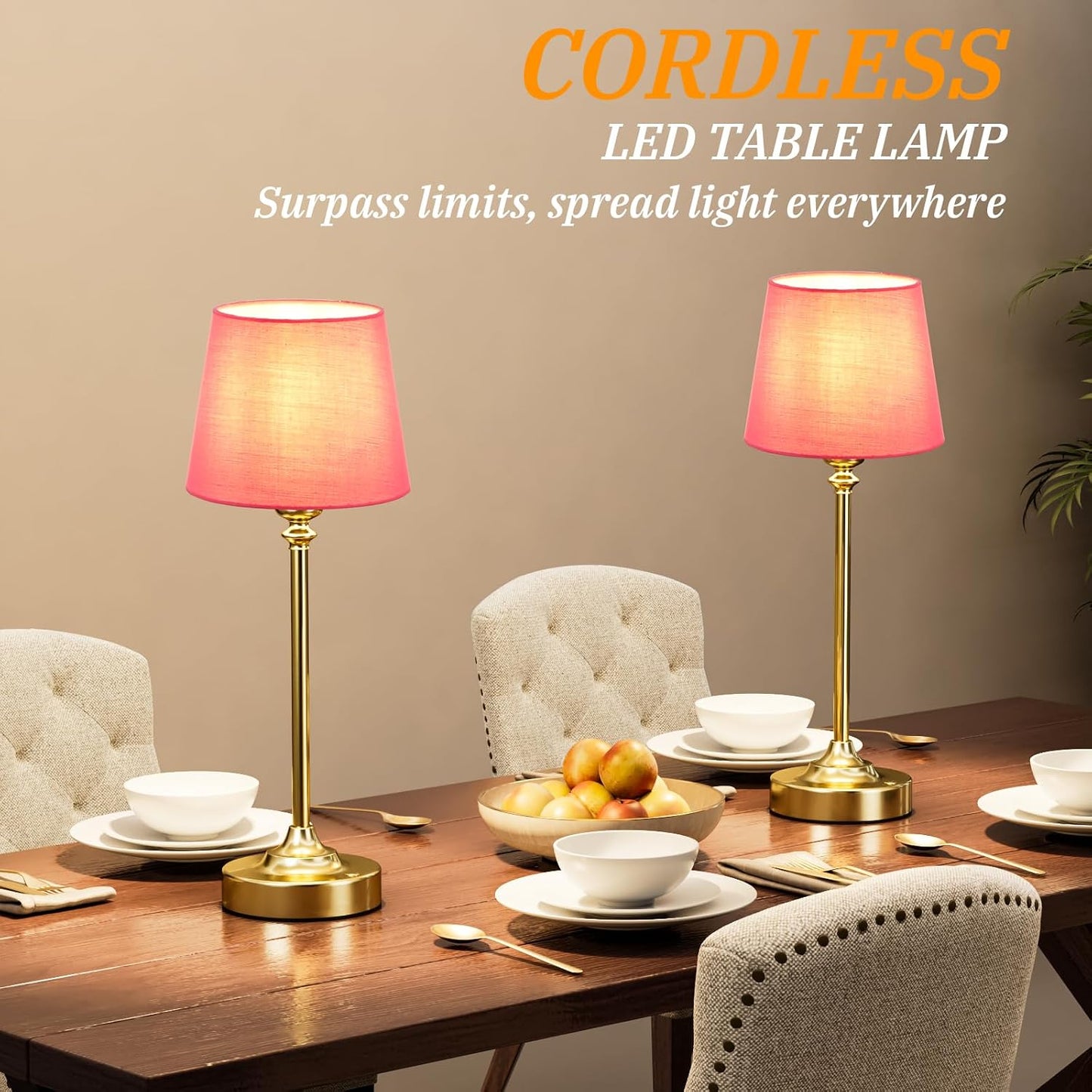 Cordless Table Lamps Rechargeable Set - 2 Pack Brass 4000mAH Battery Operated Lamps for Decor, 3000K Stepless Dimming