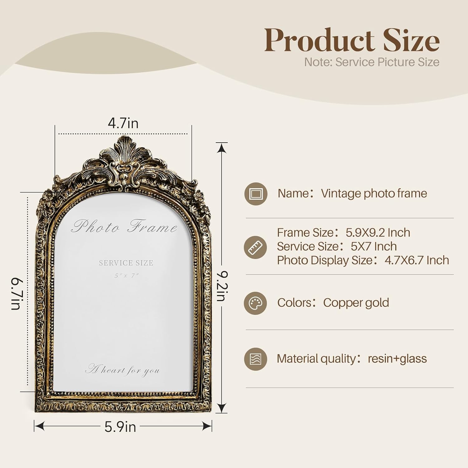 Vintage Bronze Photo Frame Hand-Crafted Resin / Vintage Arch / 5 x 7 / Gold