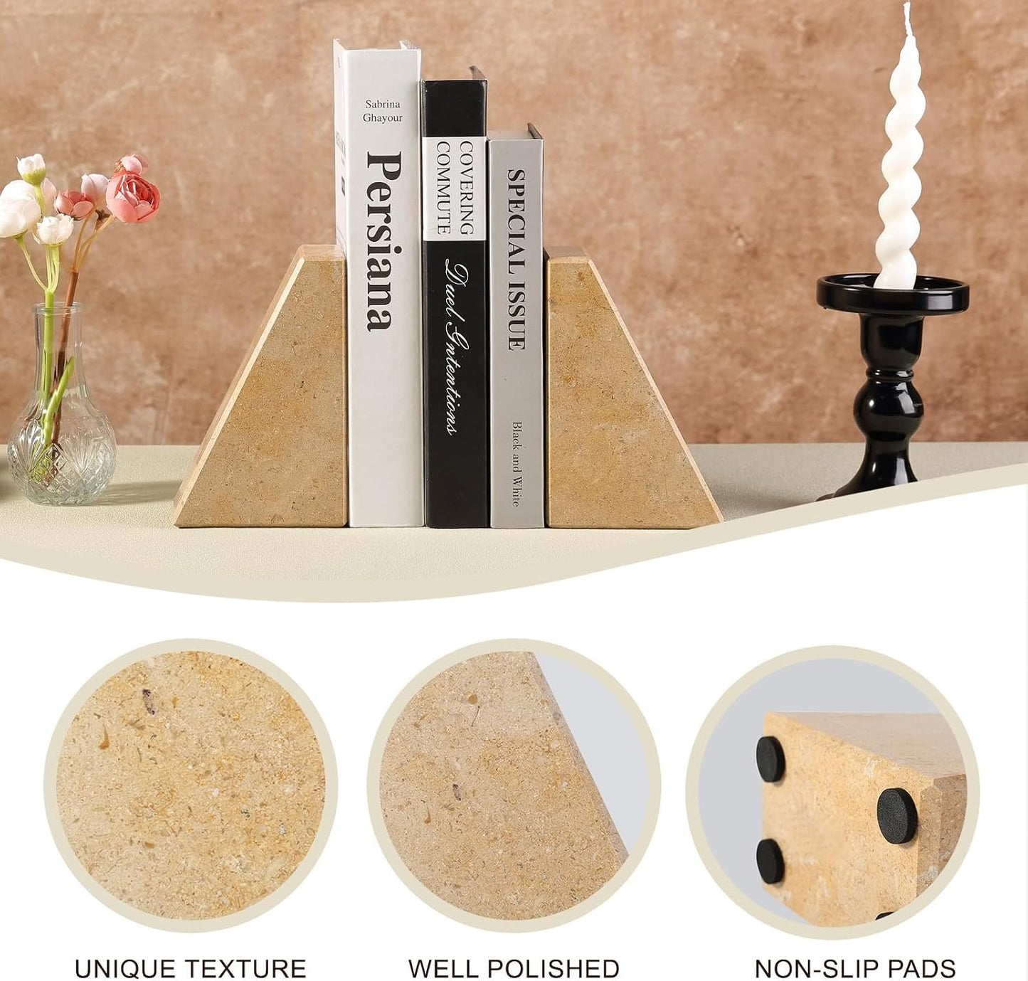 Marble Bookends / Large Bookends for Heavy Books / Trapezoid-brown