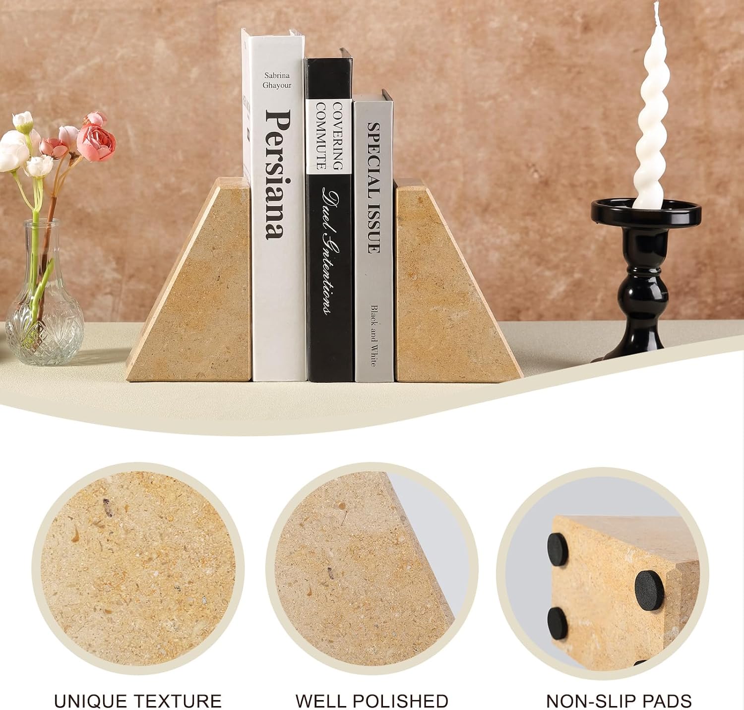 Marble Bookends / Large Bookends for Heavy Books / Trapezoid-brown