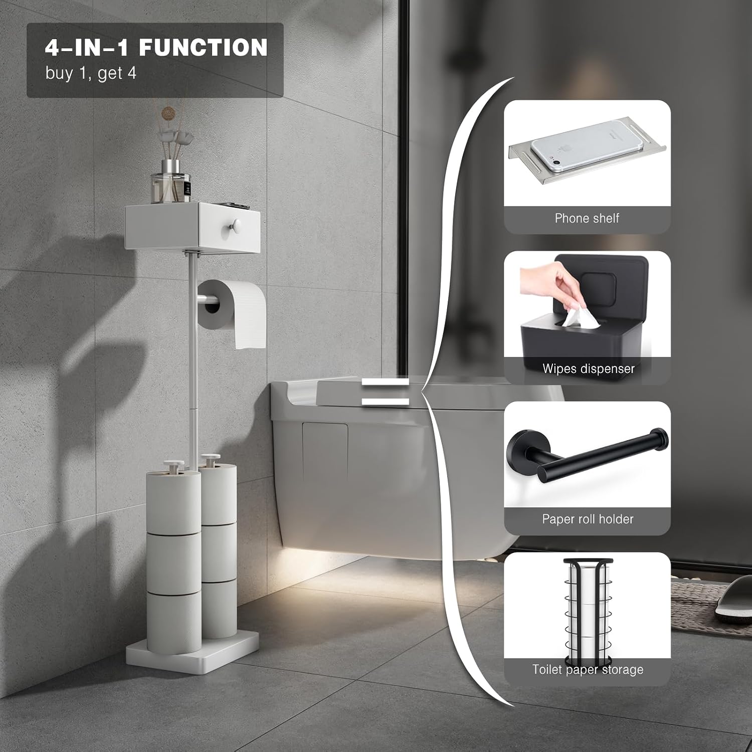 VOLDRA Toilet Paper Holder Stand with Shelf, Free Standing Toilet Paper Roll Holder with Wipes Storage Drawer Heavy