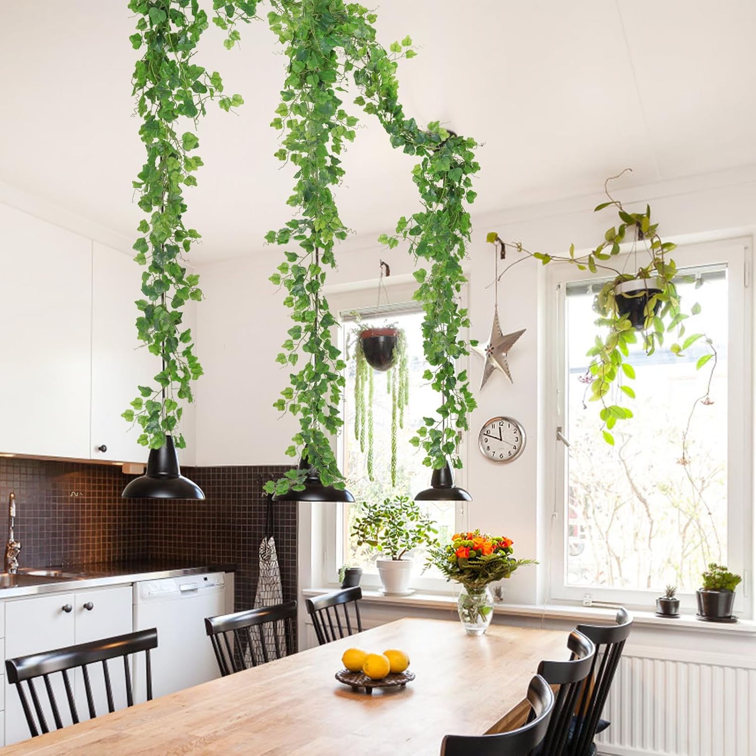 Artificial Vines Ivy Garland Fake Hanging Vine Plants Faux Green / Emerald Green / 6 Inch / Set of 2