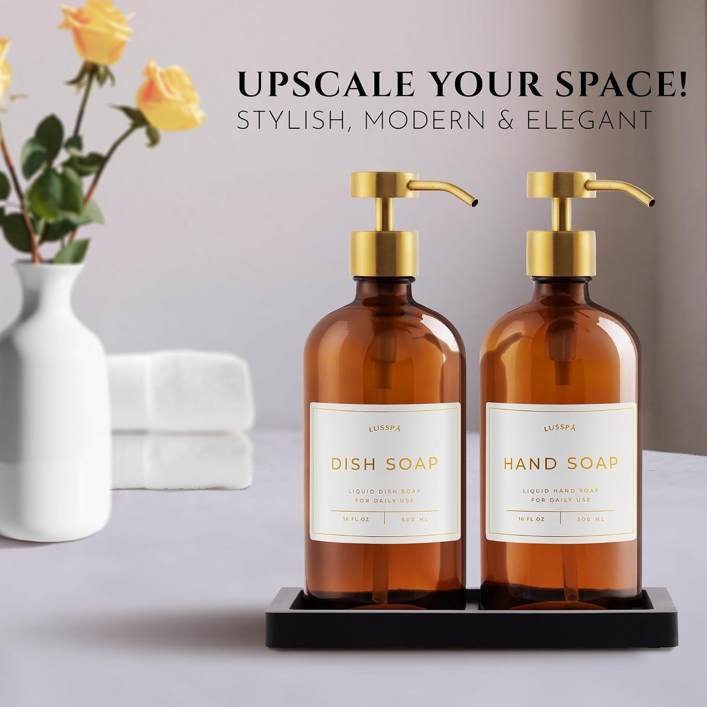 Glass Soap Dispenser Set of 2 (Amber) with Silicone Tray | Hand and Dish Soap Dispenser for Kitchen and Bathroom | 16.8